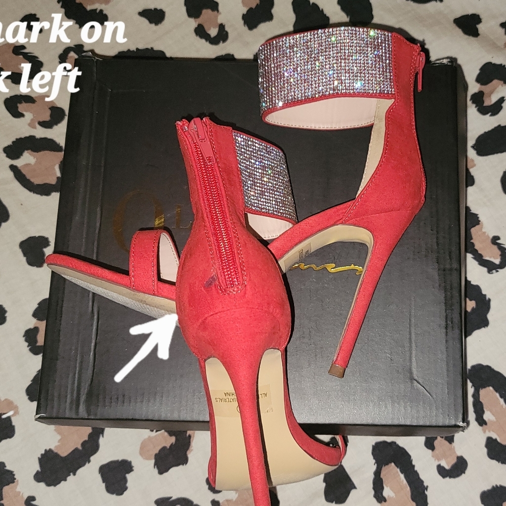 Cleo Red Suede Stiletto w/rhinestone strap. - Picture 5 of 6
